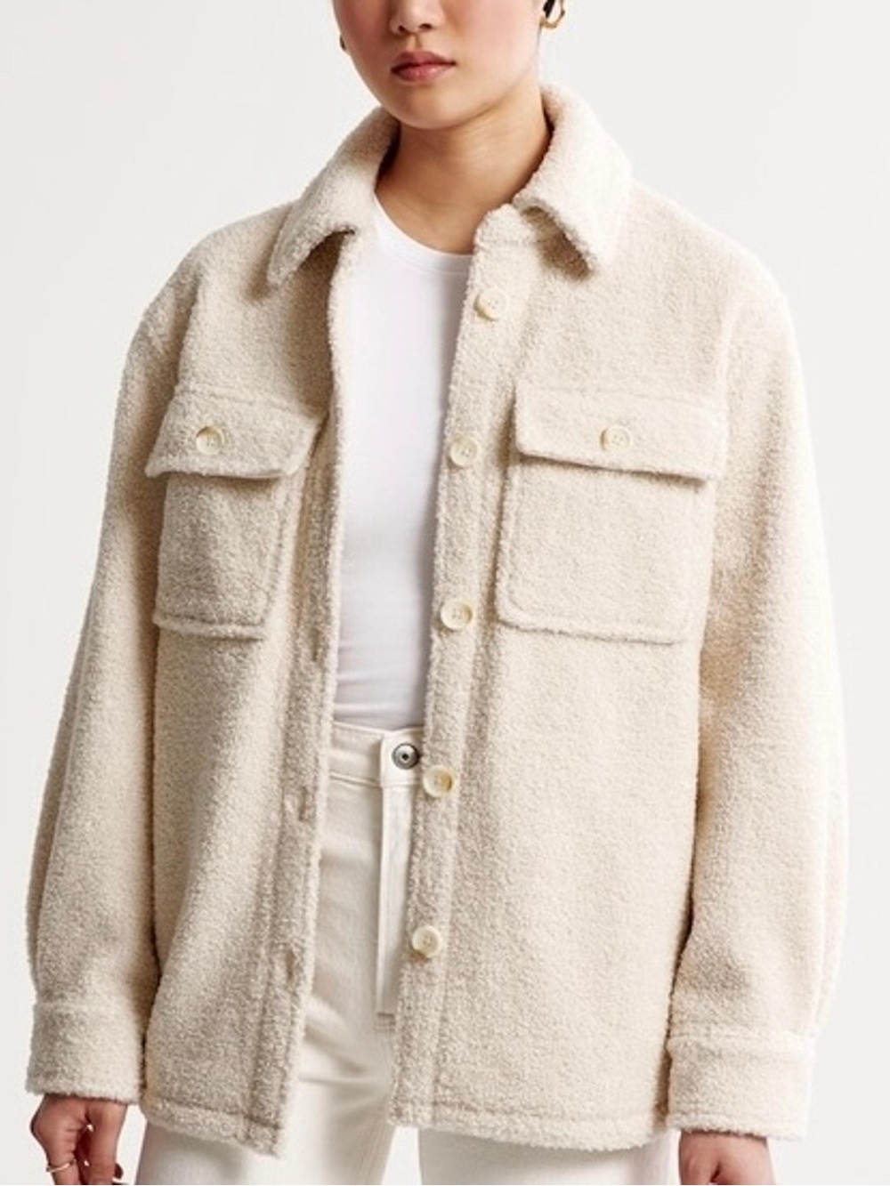 Abercrombie & Fitch Cream Sherpa Shacket with Chest Pockets